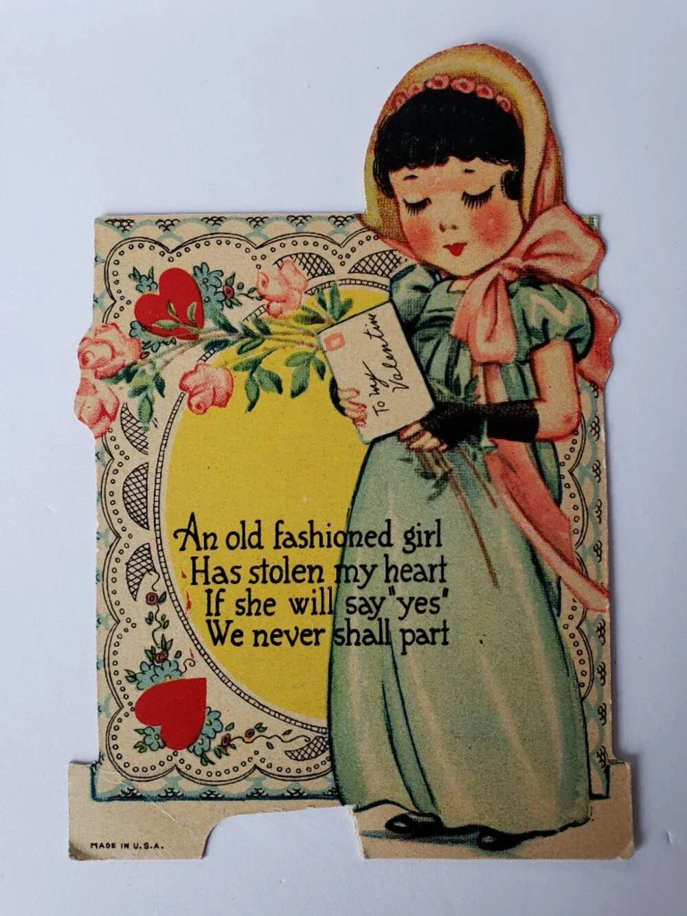 Victorian Style Lace Pink Bonnet Girl Heavy Paper Valentine's Day Card